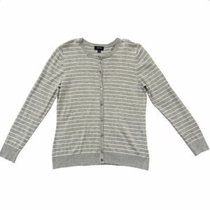Jones New York Gray & White Striped Button Cardigan Sweater Size M